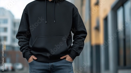 Model wears a casual black hoodie with pockets while standing on an urban sidewalk during the day photo