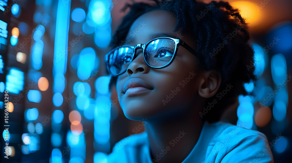Young Girl Looking Up in Blue Light - Photo Young Girl Looking Up in Blue Light - Photo