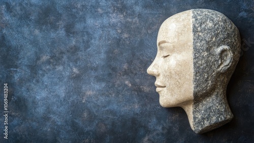 Sculpture of half-finished face against textured background