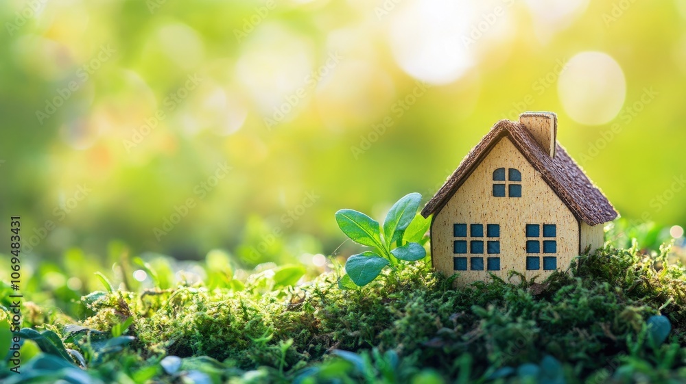 Small wooden house model surrounded by lush green plants Small wooden house model surrounded by lush green plants