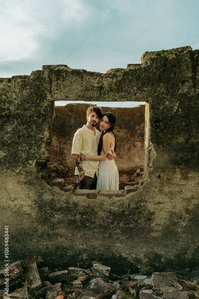 young couple hugging and kissing in the window of an abandoned house. young couple hugging and kissing in the window of an abandoned house.