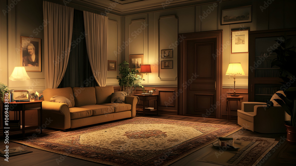 Cozy living room setting with warm lighting, a large rug, and inviting furniture Cozy living room setting with warm lighting, a large rug, and inviting furniture