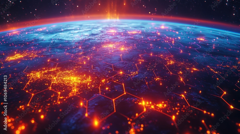 A futuristic depiction of Earth with glowing hexagonal patterns and city lights, representing global connectivity and technology. A futuristic depiction of Earth with glowing hexagonal patterns and city lights, representing global connectivity and technology.