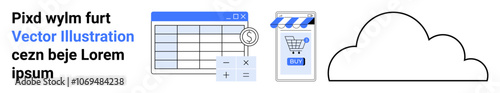Text, spreadsheet, calculator with magnifying glass, mobile shopping cart app, cloud outline. Ideal for e-commerce, business, finance, technology, data analysis, cloud services, web design Landing