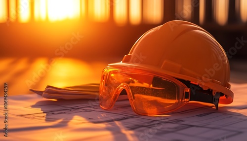 A safety helmet and goggles rest on construction plans, illuminated by a warm sunset glow, symbolizing commitment to safety in construction.