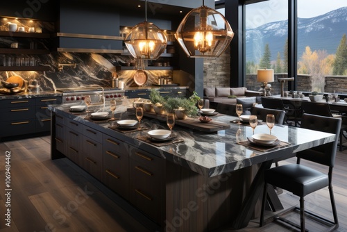 Modern kitchen island with black marble countertop and dark wood cabinets, featuring a mountain view through a large window.