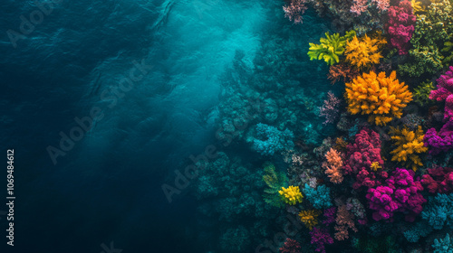 An overhead view of a vibrant coral reef, teeming with colorful fish and corals, set against bright blue water and scattered islands creating a serene ocean scene.