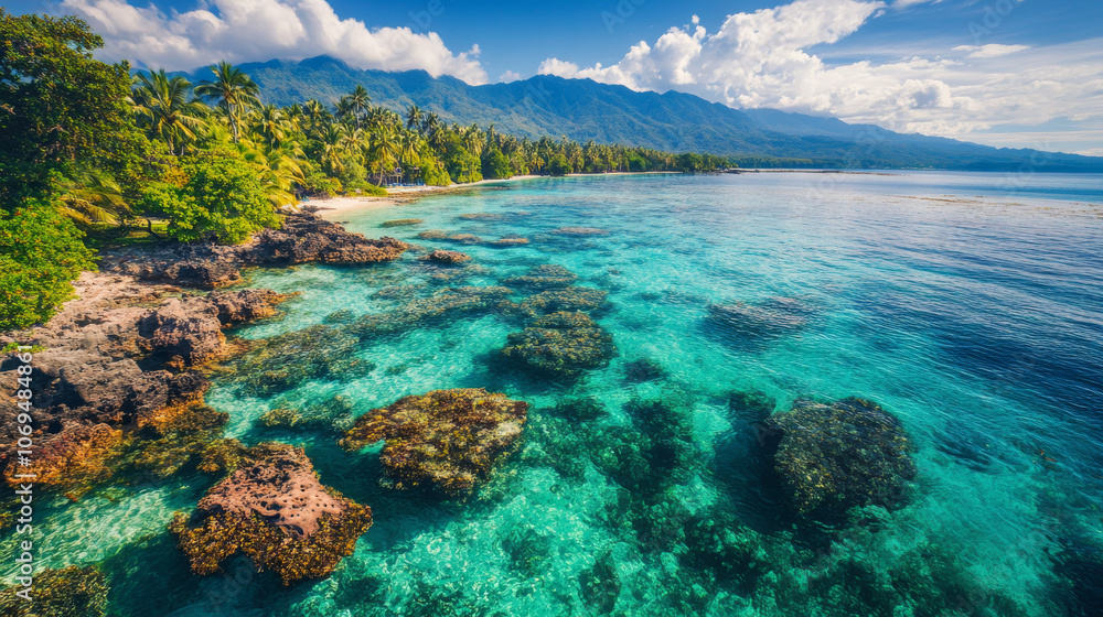 An overhead shot capturing a lively coral reef filled with diverse marine life, the clear blue water contrasting beautifully with the scattered islands on the horizon. An overhead shot capturing a lively coral reef filled with diverse marine life, the clear blue water contrasting beautifully with the scattered islands on the horizon.