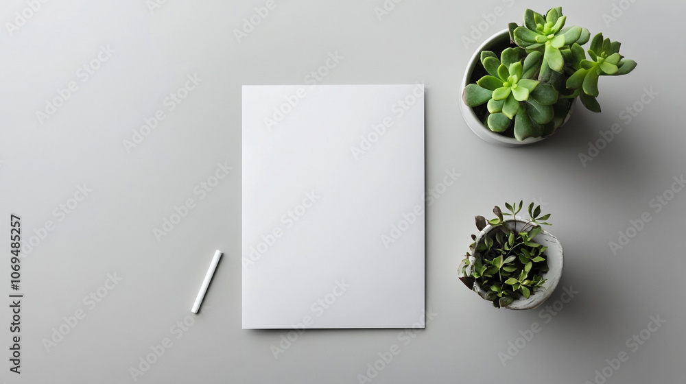 A blank sheet of paper on a light table next to potted plants in a modern workspace setting A blank sheet of paper on a light table next to potted plants in a modern workspace setting