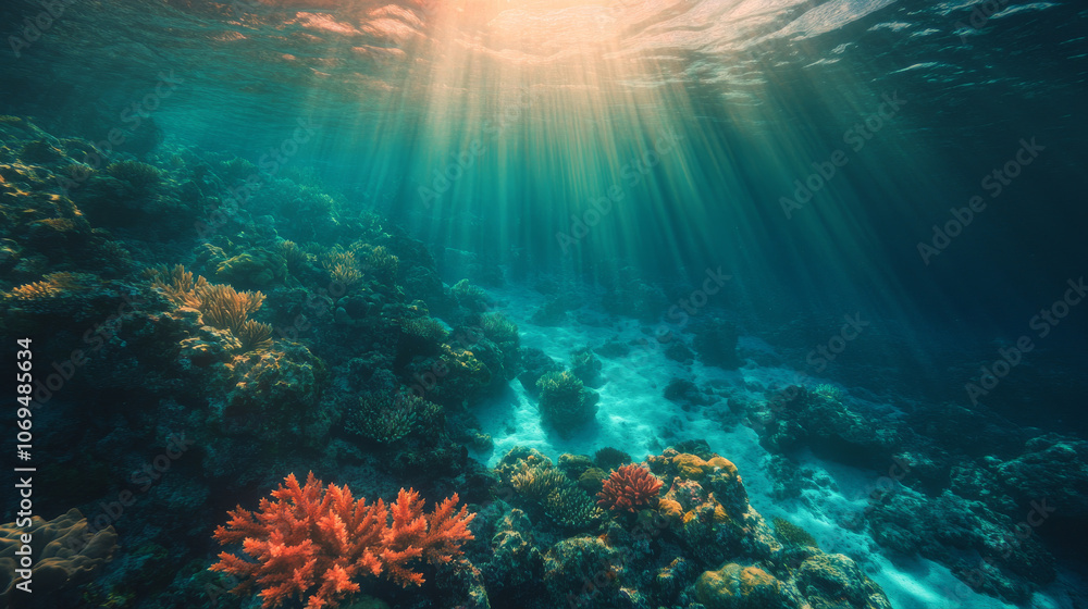 Fototapeta premium A breathtaking aerial shot of a sprawling coral reef, vibrant in color and detail, set against the deep blue ocean as sunlight softly illuminates the underwater scene.