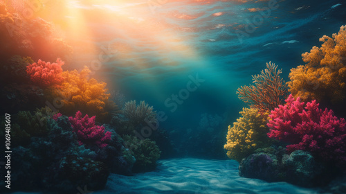 Wallpaper Mural A wide perspective of a lively coral reef system, with vivid colors set against the rich blue ocean, sunlight streaming through the water to highlight the intricate reef below. Torontodigital.ca