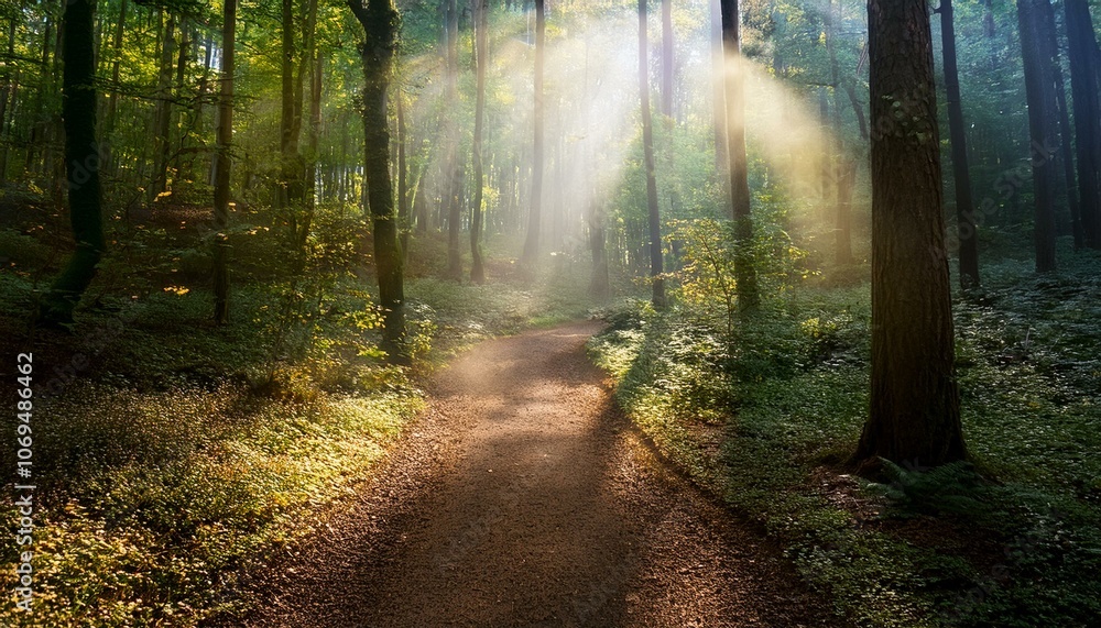 Obraz premium Sunbeams in a forest path