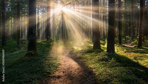 Sunbeams through trees in a forest