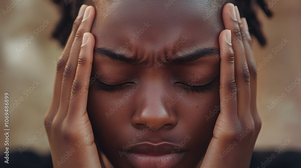 Obraz premium Close-up of a person pressing their hands against their temples, eyes closed, to illustrate a headache or mental strain