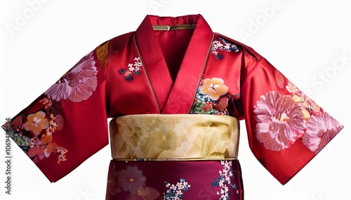 Red floral kimono with gold sash