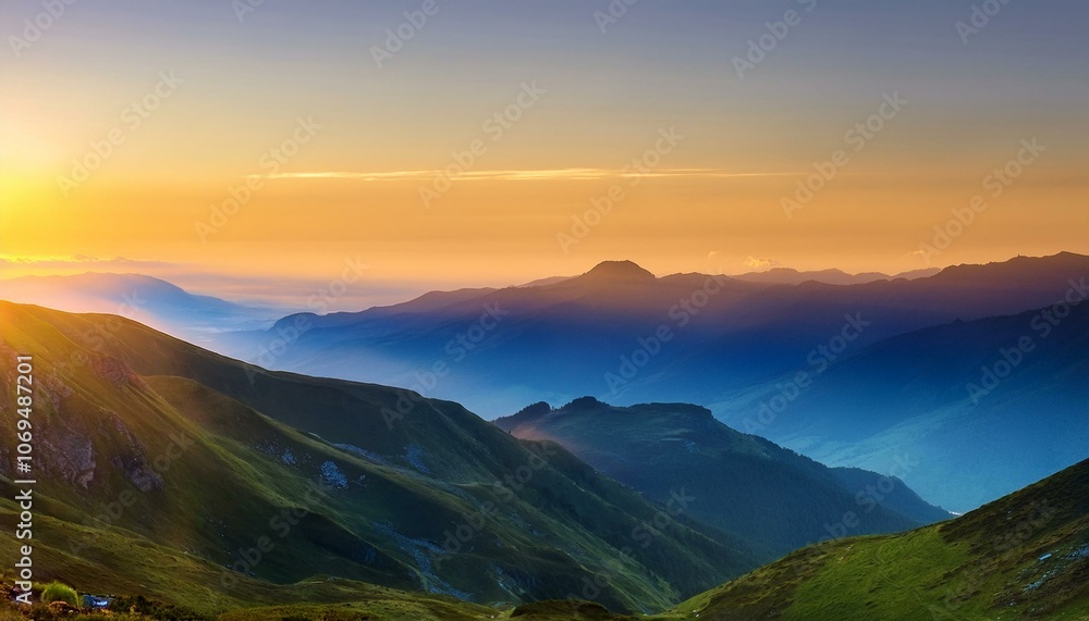 Mountain sunrise over a valley Mountain sunrise over a valley
