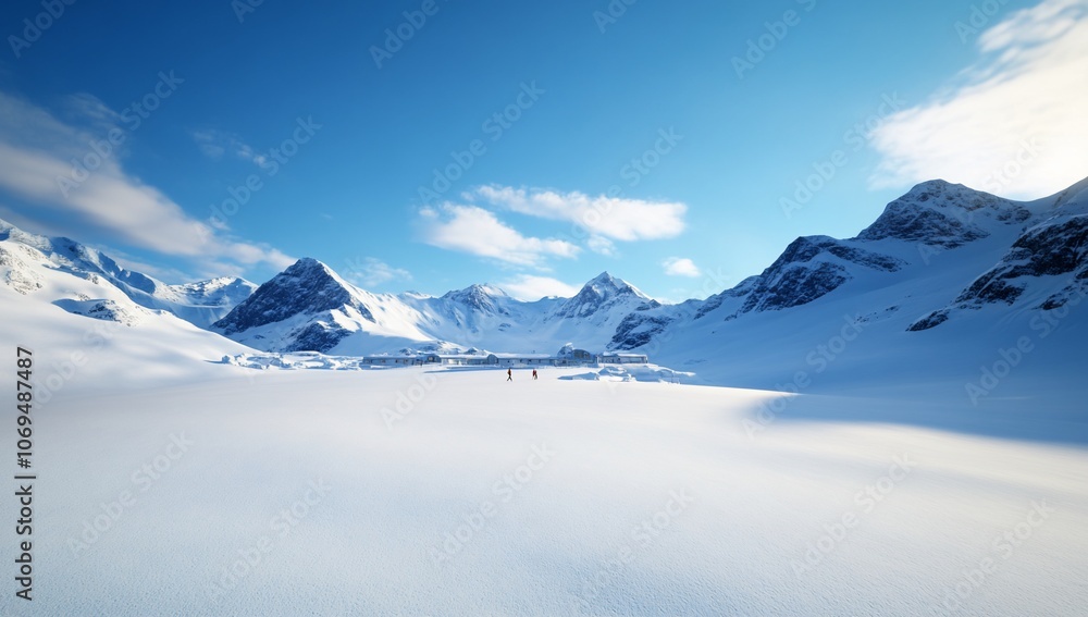 A lone figure walks across a snow-covered plain in the shadow of majestic snow-capped mountains. A lone figure walks across a snow-covered plain in the shadow of majestic snow-capped mountains.