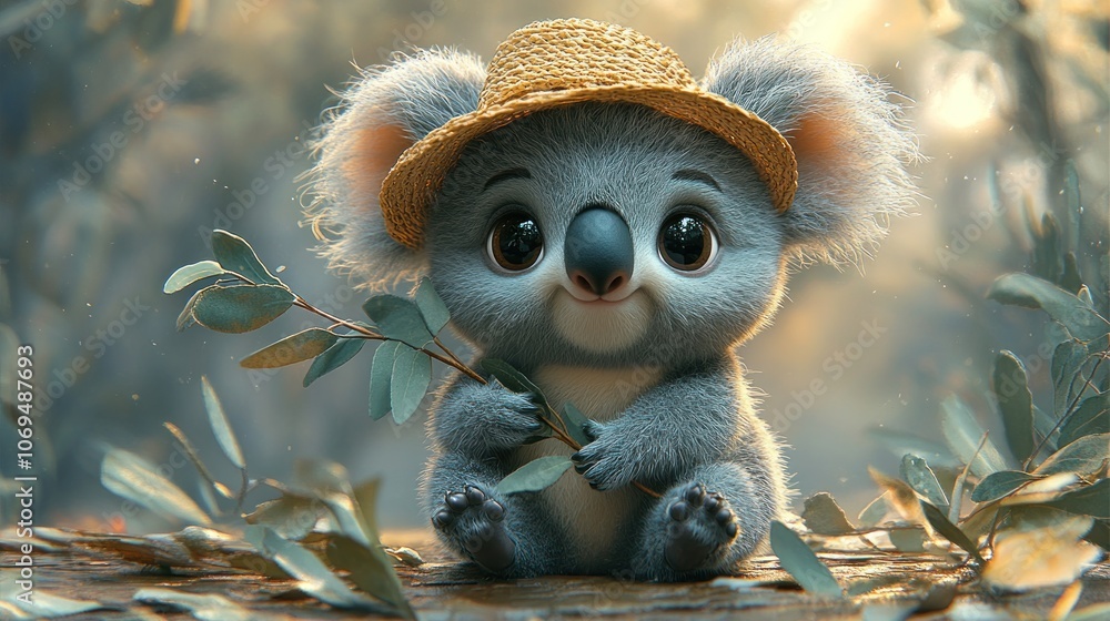 Fototapeta premium A cute koala wearing a straw hat and holding a eucalyptus branch sits on a log in a forest.