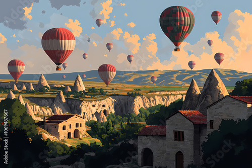 Scenic Wide-Angle Illustration of Cappadocia Valley with Fairy Chimneys and Hot Air Balloons at Dawn photo