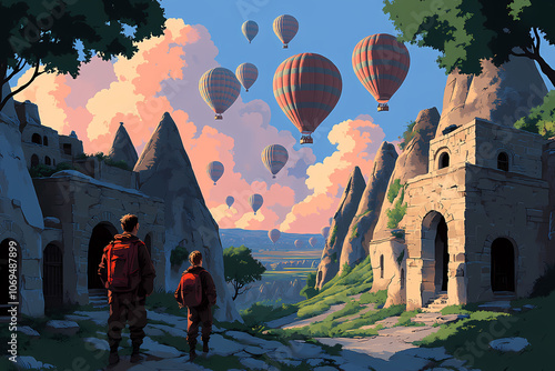 Scenic Wide-Angle Illustration of Cappadocia Valley with Fairy Chimneys and Hot Air Balloons at Dawn photo