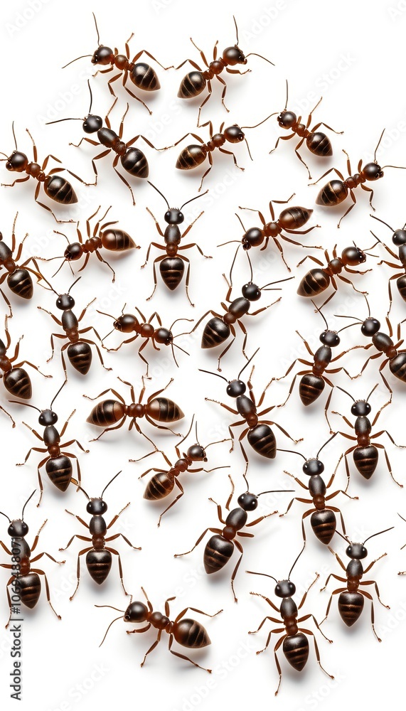 Close-up view of group of crawling ants on white background Close-up view of group of crawling ants on white background