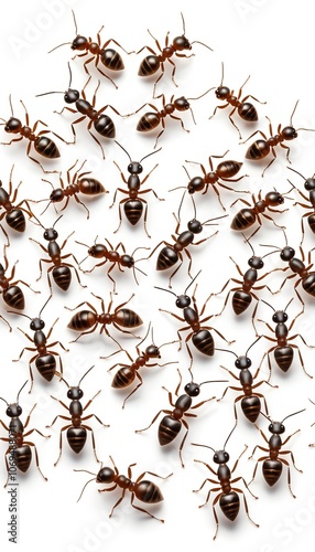 Close-up view of group of crawling ants on white background