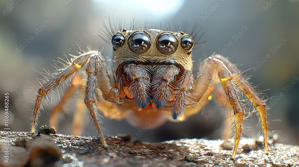 A jumping spider s face in high detail, macro showcasing tiny hairs and multiple eyes, soft background A jumping spider s face in high detail, macro showcasing tiny hairs and multiple eyes, soft background