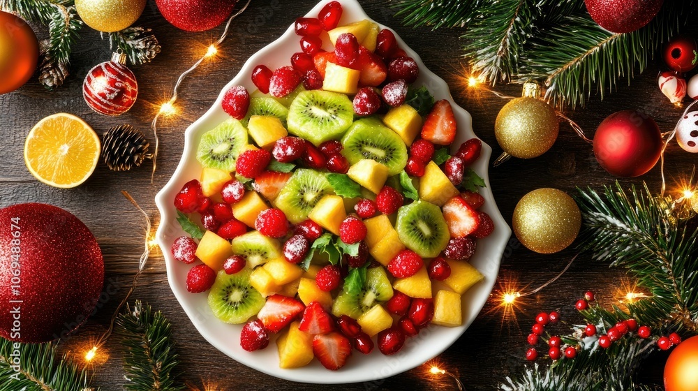 Colorful Fruit Salad on Festive Table Setting Colorful Fruit Salad on Festive Table Setting