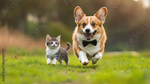 Playful Dog and Kitten Running