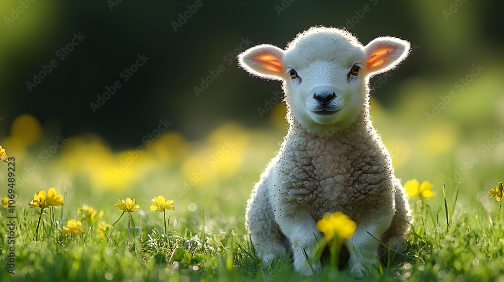 Cute Lamb in a Field of Yellow Flowers - Realistic Image Cute Lamb in a Field of Yellow Flowers - Realistic Image