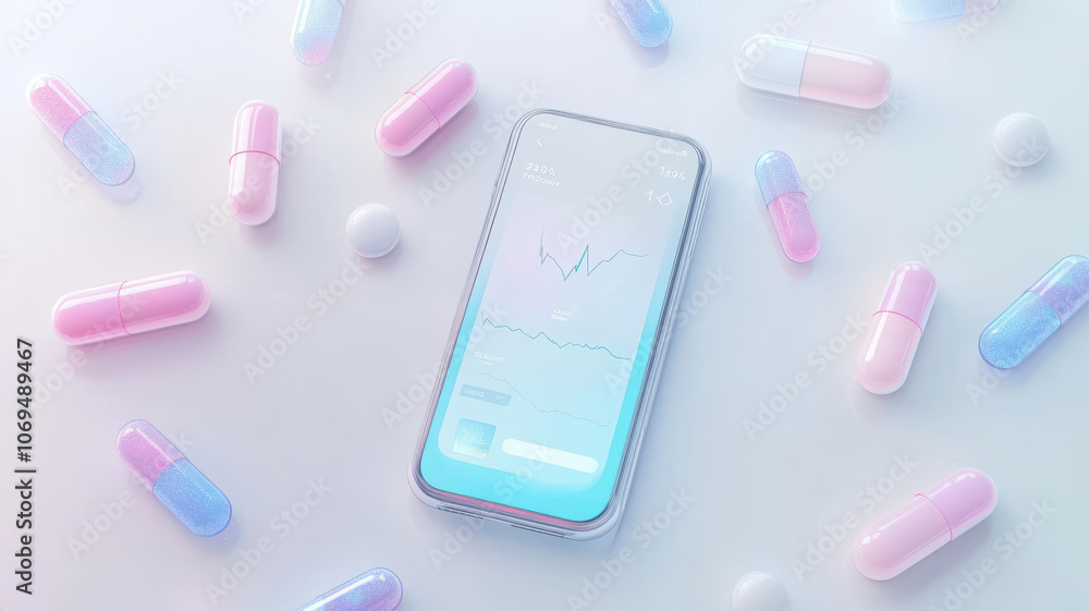 healthcare app on smartphone surrounded by colorful capsules, showcasing modern technology healthcare app on smartphone surrounded by colorful capsules, showcasing modern technology