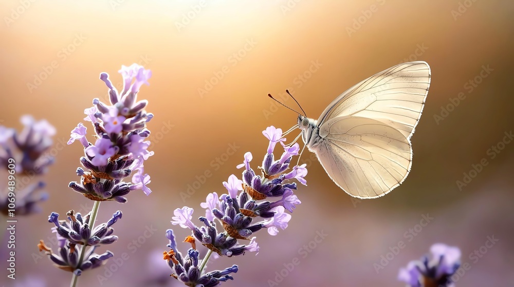 Naklejka premium Butterfly sipping nectar from a lavender bloom, macro shot emphasizing wing scales, soft, dreamy background