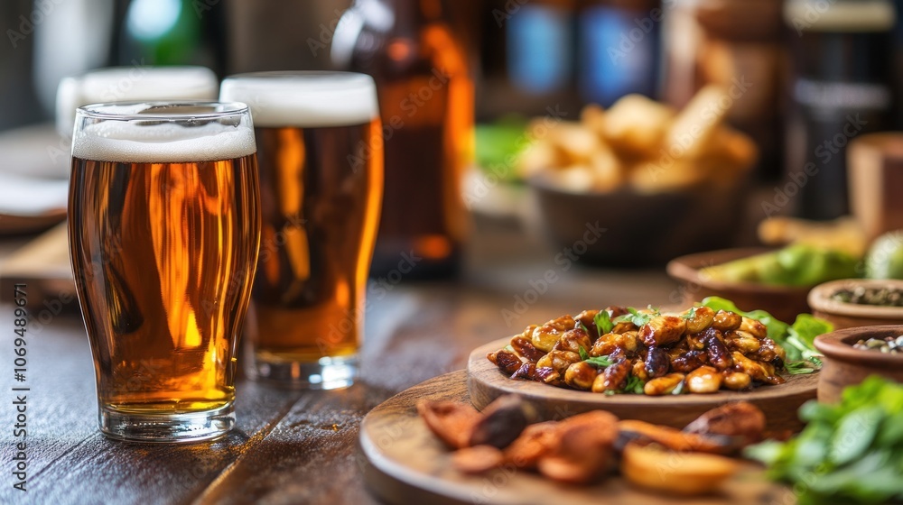 Beer and Snacks on a Rustic Wooden Table Beer and Snacks on a Rustic Wooden Table