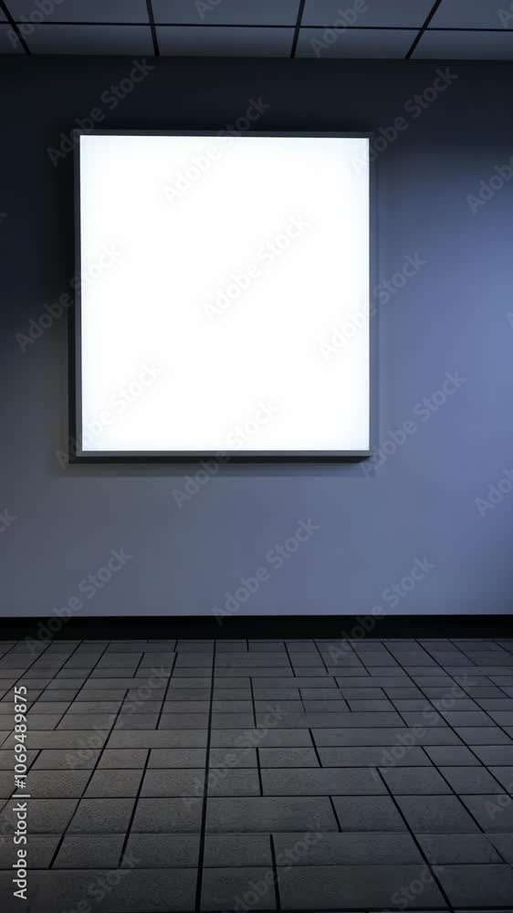 A blank billboard is mounted on a blue wall in an indoor space