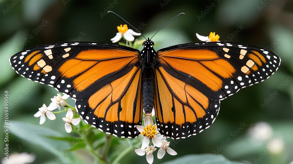 Fototapeta premium Closeup of a monarch butterfly feeding on milkweed, softfocus background, fine scale details