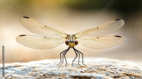 Damselfly wings spread on a sunwarmed rock, intricate veins visible, soft light photo