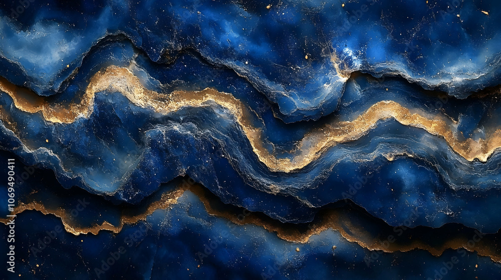 Fototapeta premium Abstract Blue and Gold Background - Swirling Waves of Ink