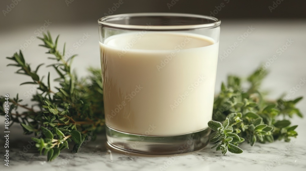 Fresh herbal drink served in a clear glass cup on a stone countertop Fresh herbal drink served in a clear glass cup on a stone countertop