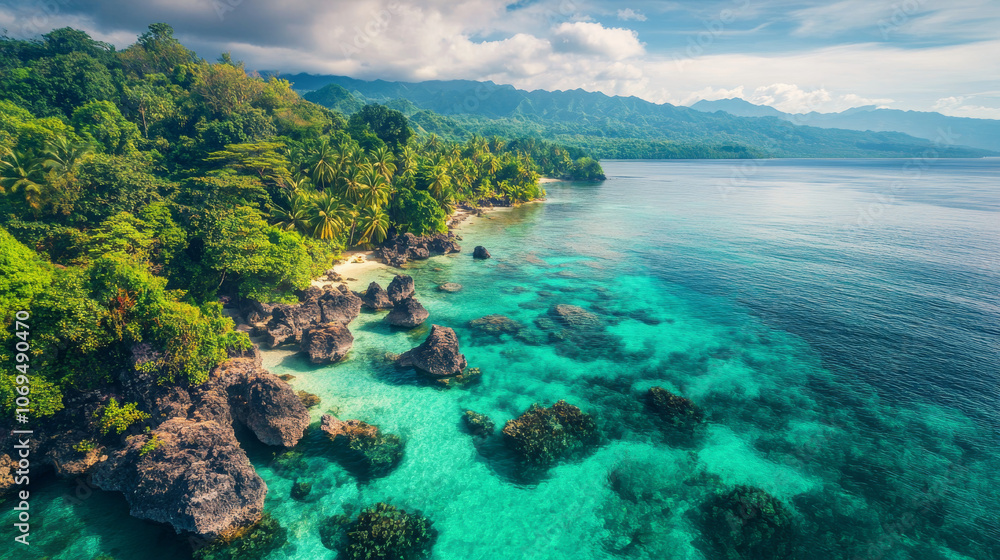 A captivating perspective of a vibrant coral reef, with marine life in clear blue waters and distant islands creating a serene, tropical seascape. A captivating perspective of a vibrant coral reef, with marine life in clear blue waters and distant islands creating a serene, tropical seascape.