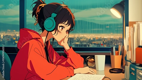 Lofi Girl studying at her desk, rainy city view outside. beautiful chill, atmospheric wallpaper. 4K background. lo-fi, hip-hop style. Anime manga style. photo