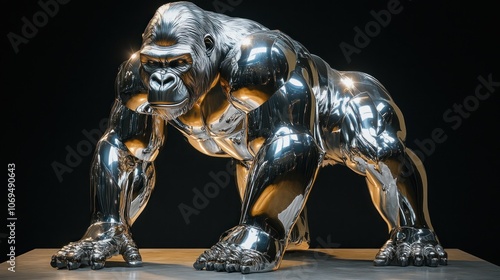 A silver gorilla statue stands on a white pedestal against a black background. 