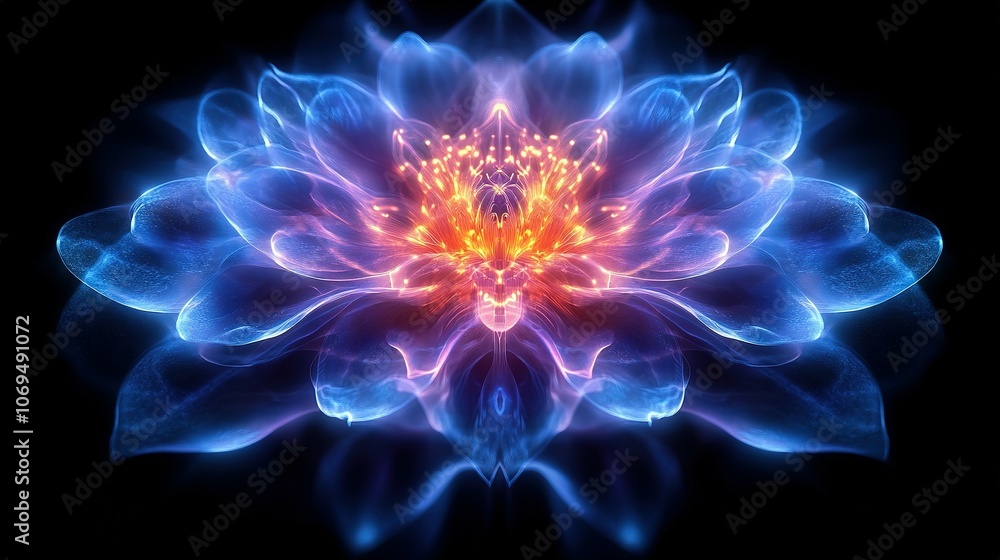 Abstract Glowing Blue Flower with Orange Center Abstract Glowing Blue Flower with Orange Center