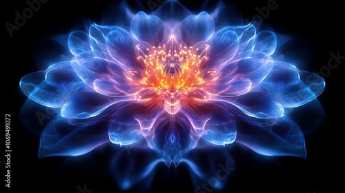 Abstract Glowing Blue Flower with Orange Center