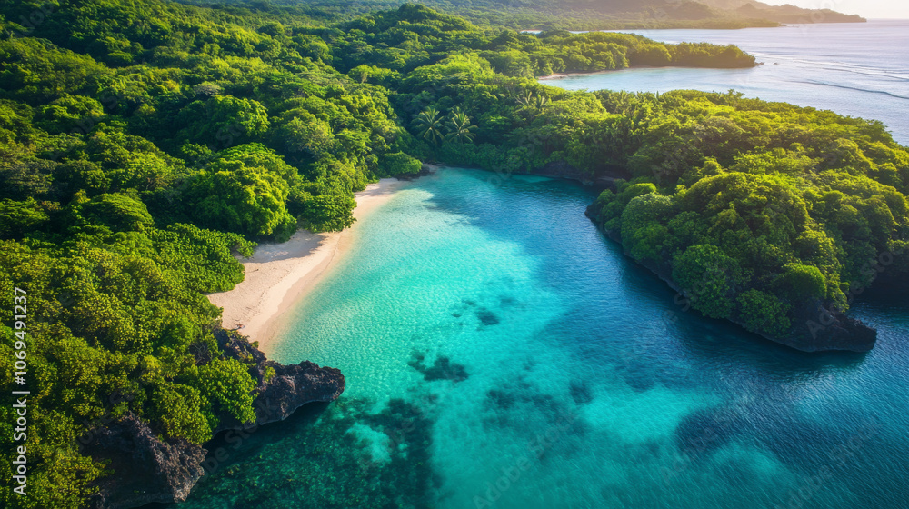 A tranquil lagoon surrounded by vibrant green island foliage, with crystal-clear water and soft white sands, offering a serene and peaceful coastal escape.