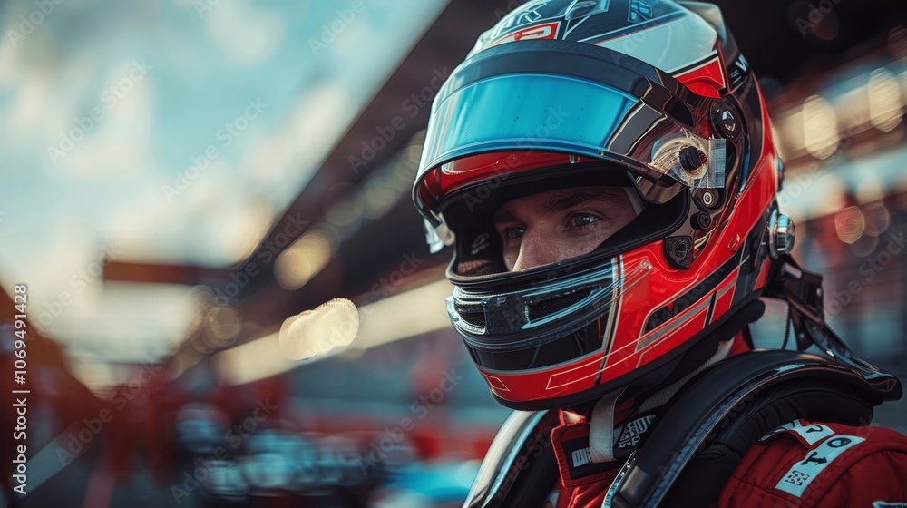 Racing Driver in Helmet on Pit Track with Grandstand and Sky in Background Racing Driver in Helmet on Pit Track with Grandstand and Sky in Background