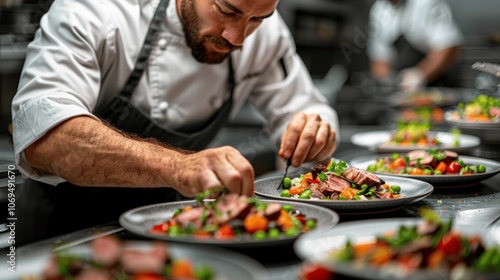 Chef plating exquisite fine dining dishes in a high-end kitchen