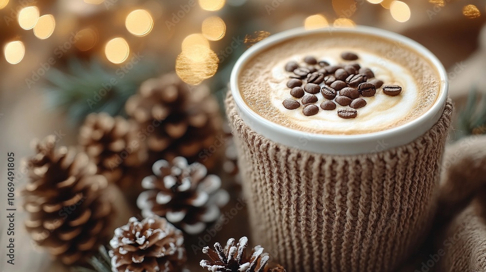 A cozy winter moment with a creamy coffee in a white ceramic cup surrounded by pine cones and warm lights A cozy winter moment with a creamy coffee in a white ceramic cup surrounded by pine cones and warm lights