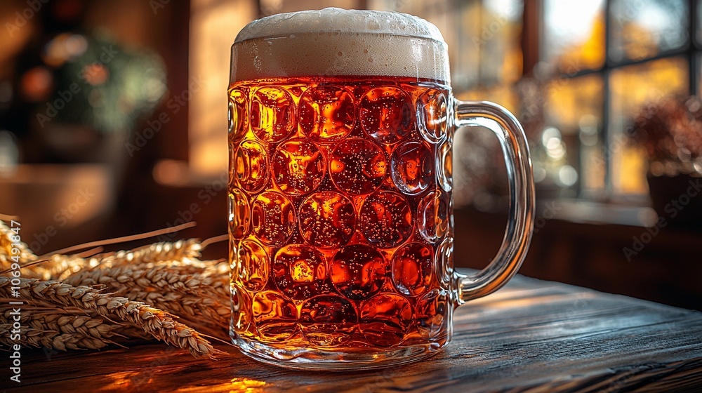 Enjoying a refreshing glass of golden lager with a creamy foam head in a cozy pub setting Enjoying a refreshing glass of golden lager with a creamy foam head in a cozy pub setting
