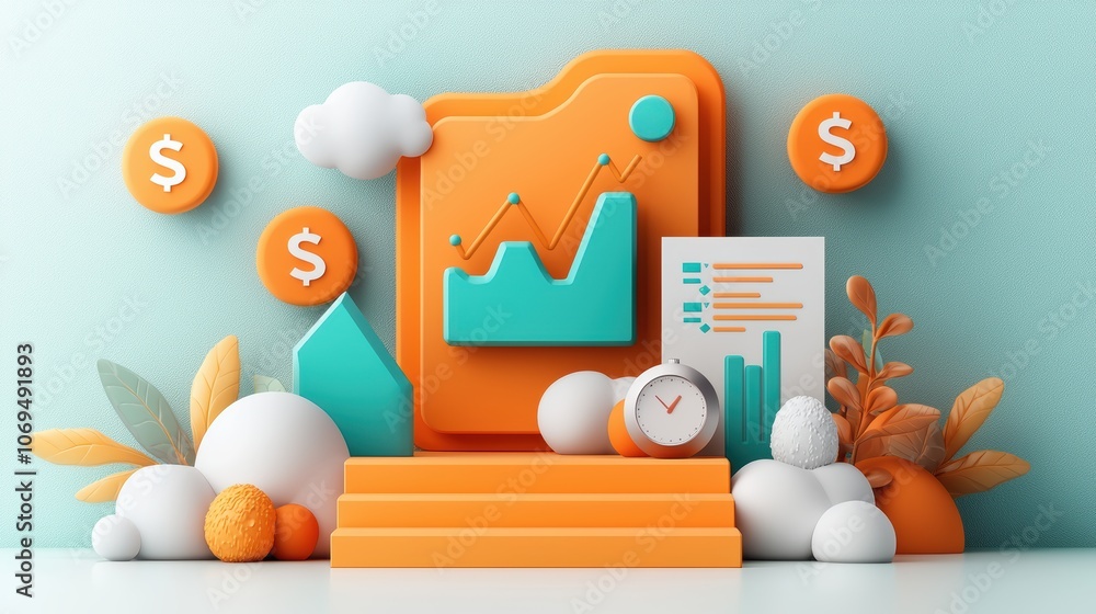 A colorful 3D graphic representing financial growth, featuring charts, a clock, and dollar signs, symbolizing data analysis and monetary success. A colorful 3D graphic representing financial growth, featuring charts, a clock, and dollar signs, symbolizing data analysis and monetary success.