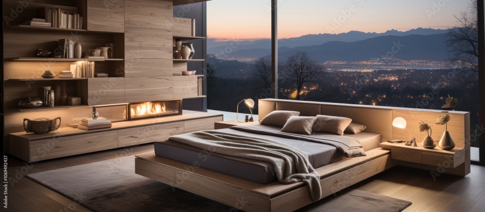 Modern bedroom with a fireplace, a large window with mountain and city views, a wooden bed, and a rug. Modern bedroom with a fireplace, a large window with mountain and city views, a wooden bed, and a rug.